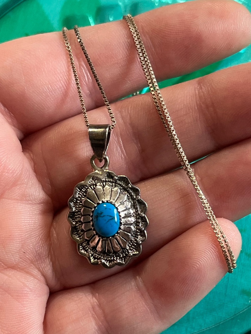 Vintage Navajo Signed JC Sterling Silver 925 Turquoise Pendant Necklace